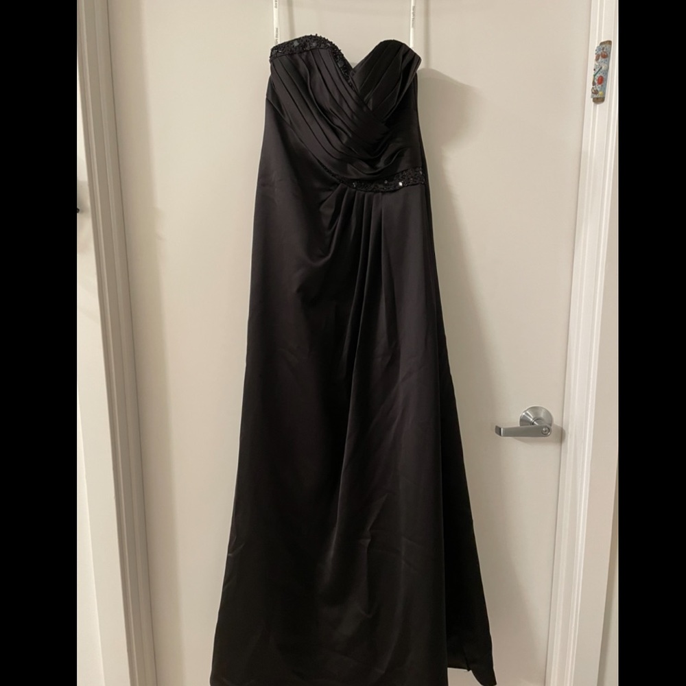 Black satin a-line draped gown, beaded neckline